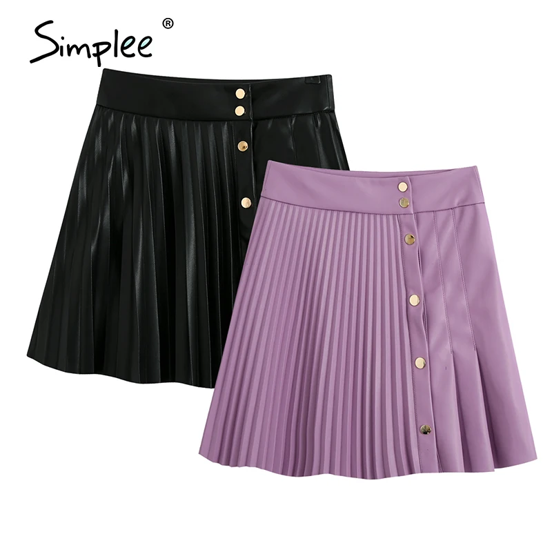 Simplee Fashion artificial leather womens Mini Skirt Striped button A-line short skirt High Street Black Leather Skirt autumn