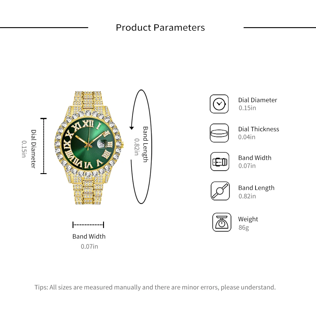 2 Pcs Watch+bracelet Hip Hop Stainless Steel Gold Color Calendar Watch For Men Iced Out Paved Rhinestones Men Watch Reloj Hombre