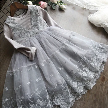 

Lace dress Korean long-sleeved knitted girl dress children's princess skirt girl net yarn stitching lace skirt daily dress