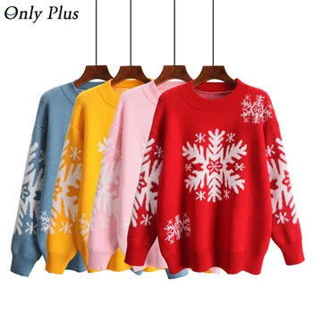 

Only Plus 2019 Christmas Sweater Winter Knitted Pullovers Warm Loose Thick Snow Print Pullover Red Party Knitwear Clothes
