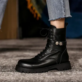 

Genuine Leather Black Boots Female Women Shoes Ankle 2020 Autumn Winter Short Boots Casual Motorcycle Martin Shoes Zapatos Mujer