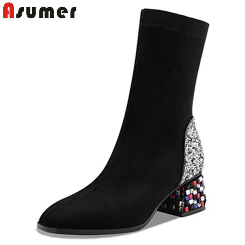 ASUMER/2020 Высококачественные ботильоны из флока Женские Вечерние туфли на высоком