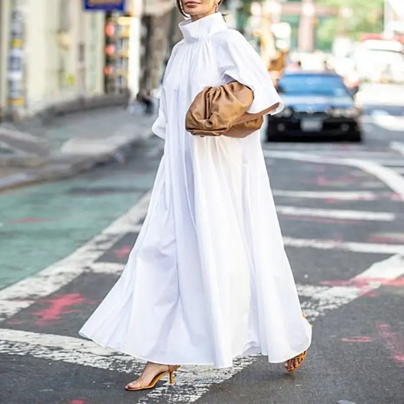 Casual Loose Solid Sundress Robe Elegant Party Long Dresses VONDA Women Long Maxi Dress Autumn Turtleneck Long Sleeve Dresses