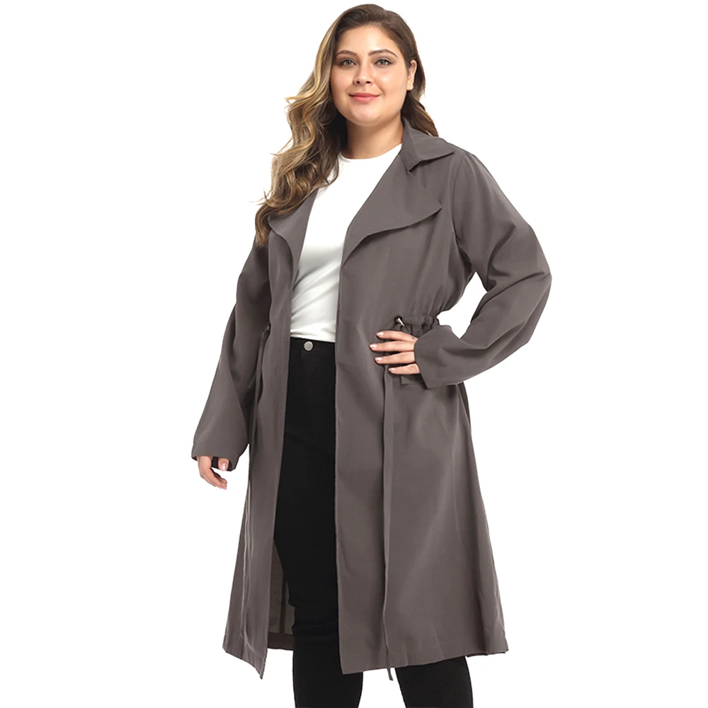 Женская ветровка размера плюс, дизайн, большое Женское пальто с завязками на талии, длинный рукав, средняя длина, большая ветровка