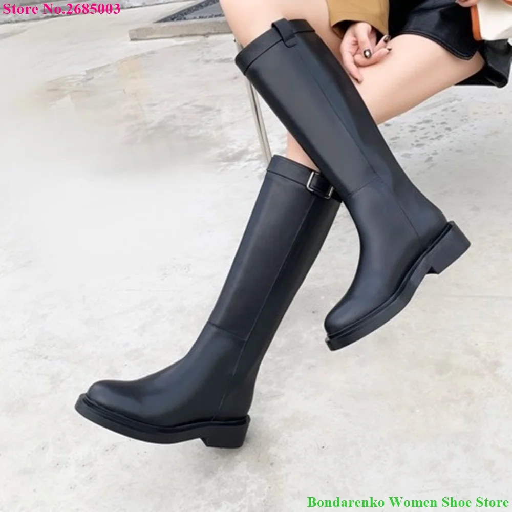 

Black Flat With Knee High Boots Round Toe Back Zipper Buckle Solid Women Concise Autume Winter Party Dress Boots Shoes