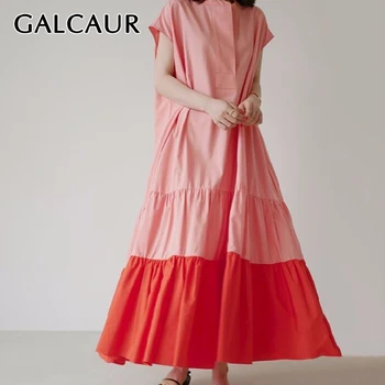

GALCAUR Patchwork Dress Women O Neck Sleeveless Loose Hit Color Ruched Maxi Summer Dresses Female Fashion Clothing 2020 New