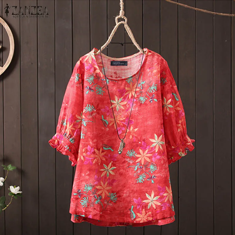 ZANZEA 2019 Women Blouse Autumn Summer Shirt Half Sleeve O Neck Floral Printed Tops Leopared Tunic Blusas Plus Size Chemise Tee