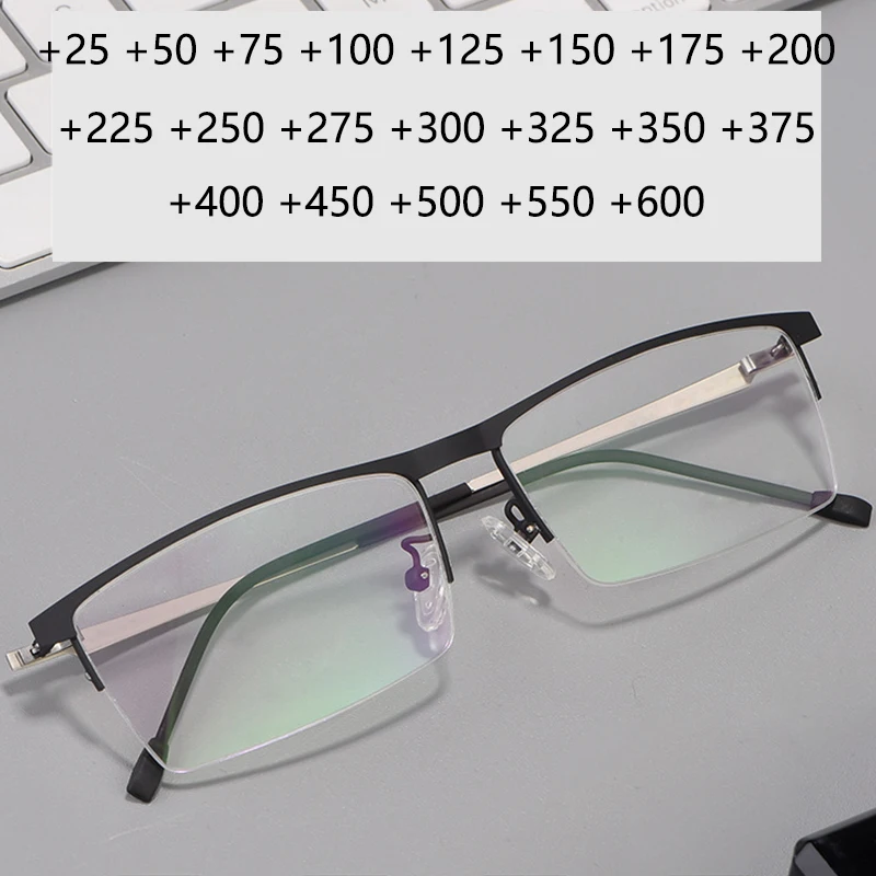 

High Diopter Reading Glasses for Men Ultralight Alloy Half Frame Presbyopic Glasses Magnifier Business Eyeglasses +125+175+225