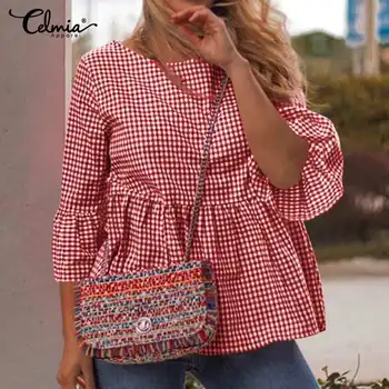

Oversized Tunic Tops Women Vintage Checked Plaid Blouses 2020 Celmia Summer Shirts Plus Size Ladies Casual Loose Ruffles Blusas