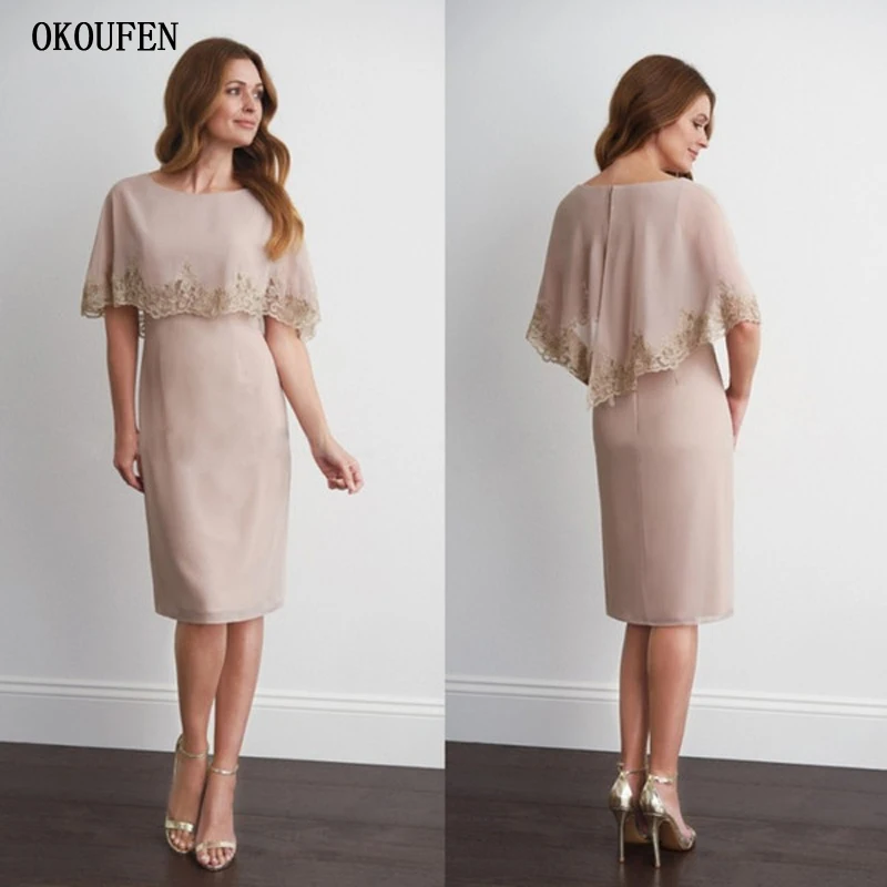

2019 Short Mother Of The Bride Dresses with Capelet Half Sleeves Knee Length Chiffon Wedding Party Gown Mother of the Groom Gown