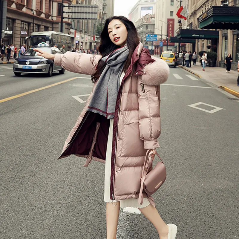 Bella Philosophy Wonder NEW Winter Real Raccoon Fur Hooded White Duck Down Coat pink Solid Thick Warm Loose Female Parkas