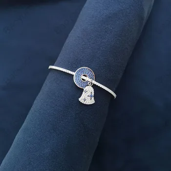 

Real 925 Sterling Silver Jewelry Navy Blue Disc and White Bell Bangle Luxury Cubic Zirconia Open Cuff Bracelet for Women