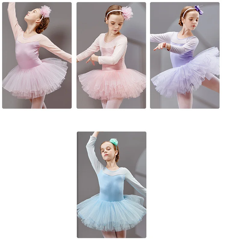 Combed Cotton Ballet Dress Dance Dress Tutu Ballet for Girls Kids Children High Quality Ballerina Long Sleeves Tulle Dance