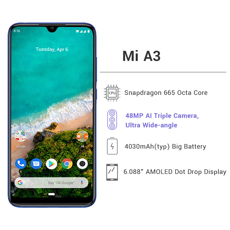 Xiaomi MI A3 Смартфон с восьмиядерным процессором Snapdragon 665 ОЗУ 4 Гб ПЗУ 64 ГБ 48 МП 32 4030