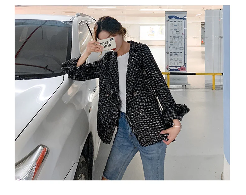 Женская одежда осенняя новая клетчатая черную клетку с бахромой маленький костюм шерстяное пальто женское Короткое шерстяное пальто для женщин