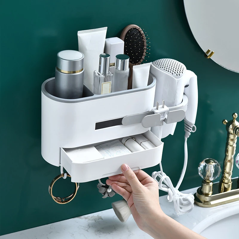 

3 Colors Wall Mounted Bathroom Shelf Hair Dryer Rack Hanging Makeup Cosmetics Storage Drawer Rack Hair Dryer Holder Fixture