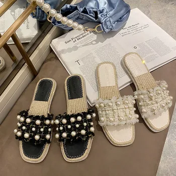 

Summer Women Home Slippers Luxury Rhinestone Black Elegant Flats Outside Dress Casual Female Slides High Quality Woman Shoes