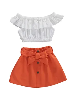 

2020 Kids Baby Girls Summer clothes set Short Sleeve off shoulder white Ruffled Top T shirt Orange Bow Shorts Clothes set 1-6Y