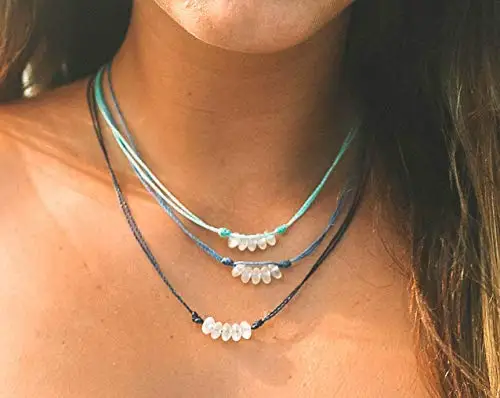 

3pcs Sea Glass Choker Necklace Handmade Beach Jewelry-Adjustable Waterproof Wax Coated Choker Necklace