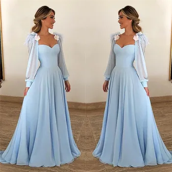 

Blue Prom Dresses 2020 Sweetheart Flowers Puff Sleeve Prom Gowns A-Line Elegant Party Evening Dresses Vestidos De Gala