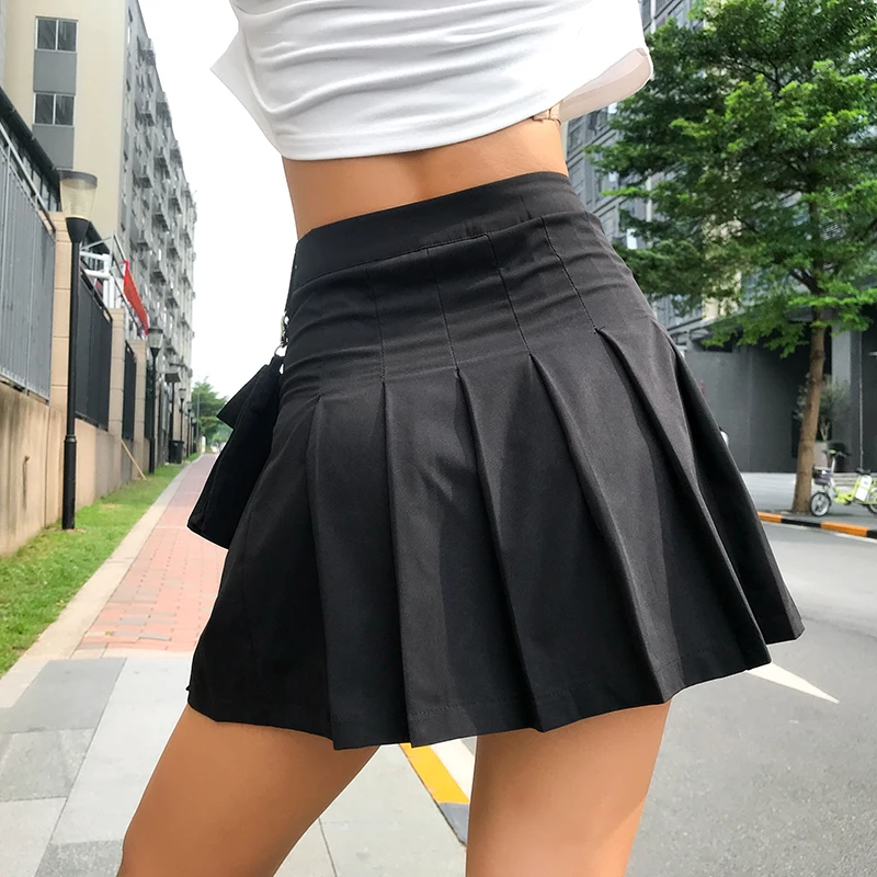Waatfaak мини-юбка плиссе с цепочкой и карманом в Корейском стиле, юбка женская,, уличная, сексуальная, Jupe Femme, готические короткие юбки Harajuku
