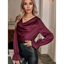 

Autumn Casual Women Blouses Celmia 2022 Fashion Silk Thin Long Sleeve Girls Pile Collar Solid Color Elegant Shirts Female Tops