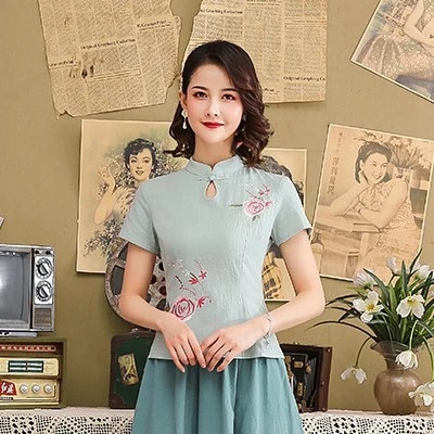 Женский зеленый Вышитый Костюм ханьфу Cheongsam топы китайские винтажные блузки Костюм Повседневный Китайский ветер Хлопок Лен рубашки наборы одежды - Цвет: Light green jacket