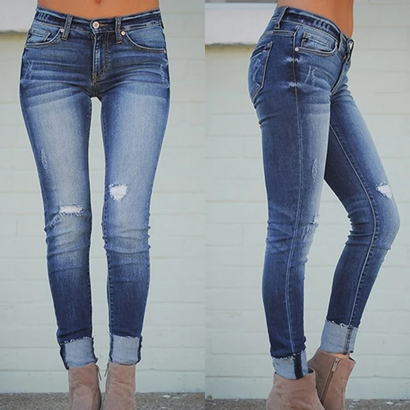 Женские джинсы с высокой талией, Стрейчевые рваные синие обтягивающие джинсы, женские брюки, джинсы-карандаш, полные брюки размера плюс 5XL