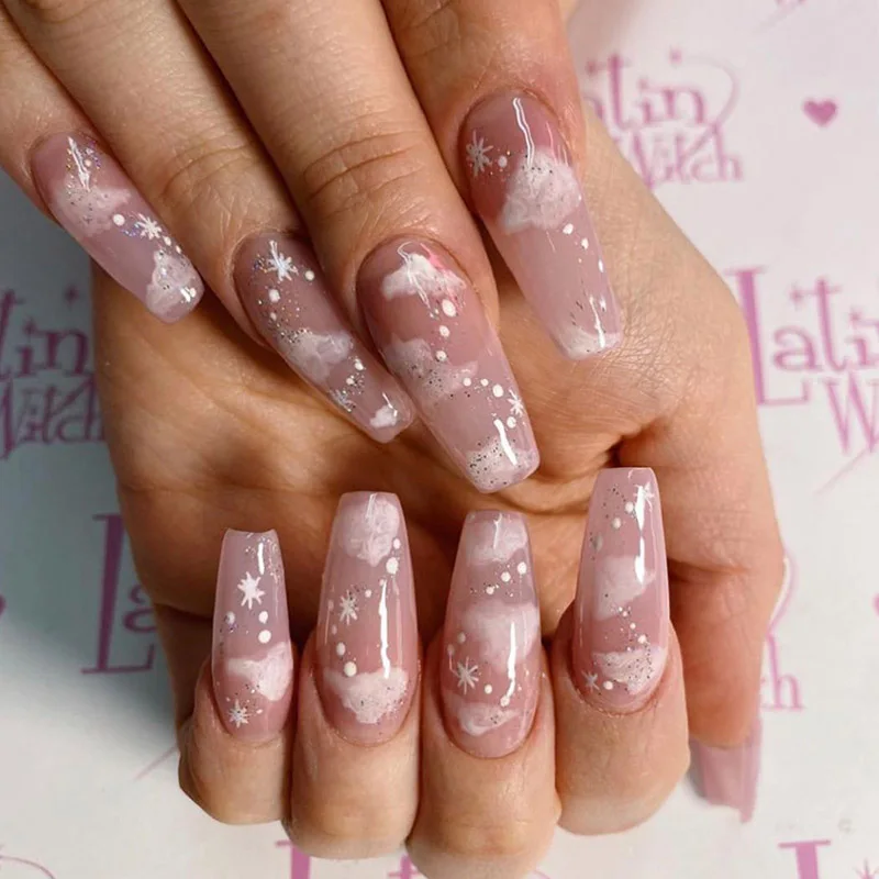 Uñas postizas largas de Ballet para niña, parche de manicura de nubes rosas  transparentes, de color Nude, con diseños de pegatinas, 24 piezas -  AliExpress Belleza y salud