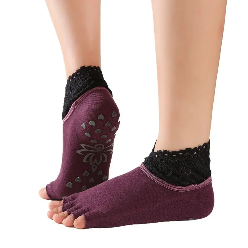 Женские нескользящие носки для йоги с открытой спиной, силиконовые Нескользящие носки с 5 носками, женские хлопковые носки для балета, танцев, тренажерного зала, фитнеса, пилатеса - Цвет: R