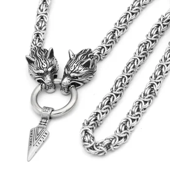 

Nordic viking wolf with odin sword Gungnir necklace Stainless steel for men -king chain with valknut gift bag
