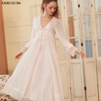 

Women Lace Princess Nightgown Autumn Long Nightdress Long Sleeve V-Neck Mid-Calf Retro Court Style Sleep Loungewear Night Dress