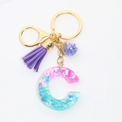 Creative Letter Alphabet Crystal Arylic Liquid Keychain Women Key Chains Ring Car Bag Tassels Pendent Charm Gift Accessory