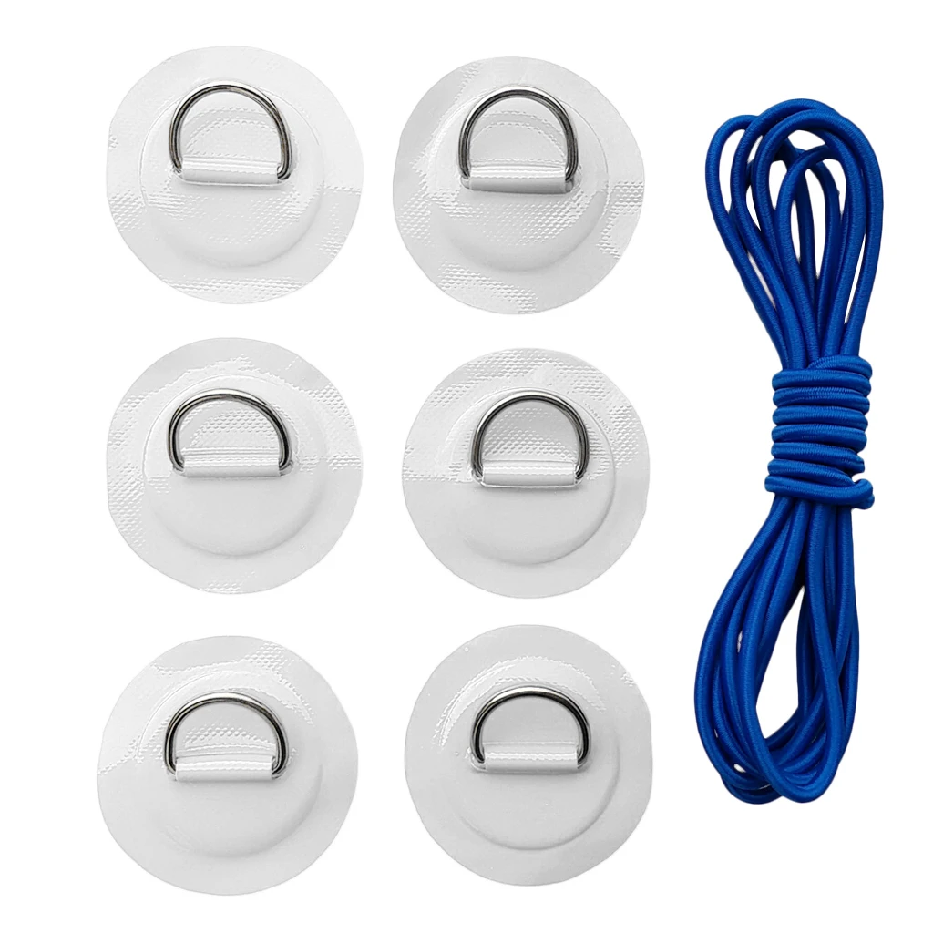 6Pcs Inflatable Boat Kayak SUP D-ring Patch & Elastic Shock Cord Set- 6 Colors Dinghy D Ring Round Patch