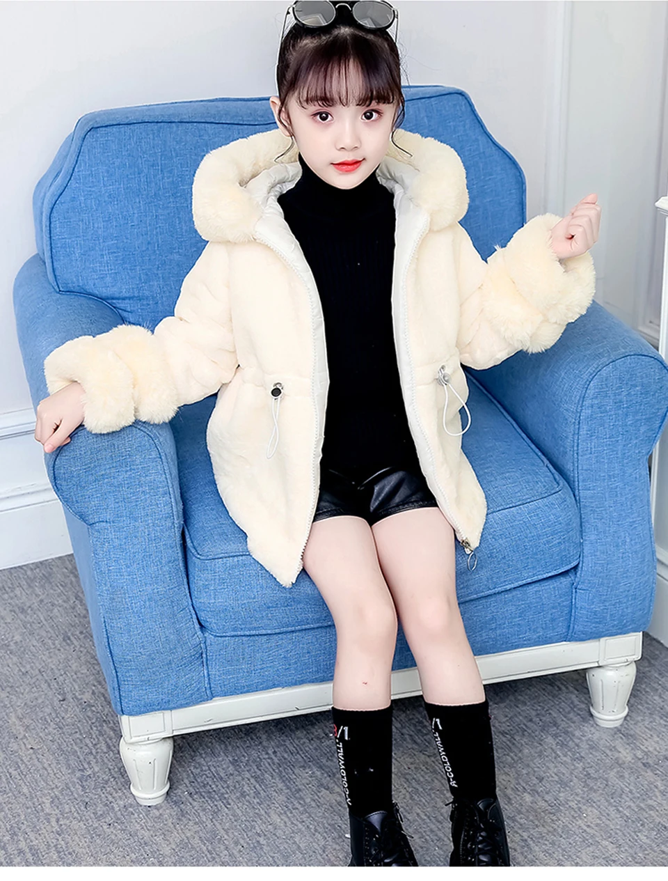 Kids Winter Coat for Girls Jacket Faux Fur Thick Warm Hooded Jacket Teenager Girls Outerwear Children Clothes 4-12 Year