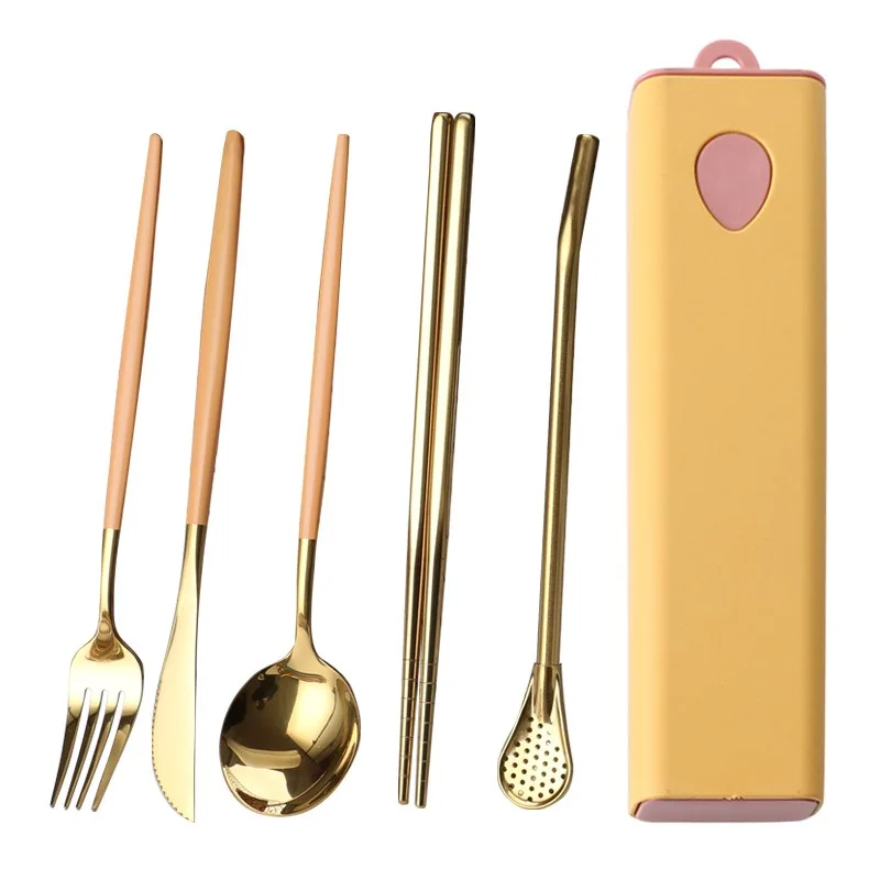3PCs/4PCs Glossy Stainless Steel Tableware Spoon Fork Knife Straw Reusable Travel Cutlery Set Camp Utensils Set Portable Case