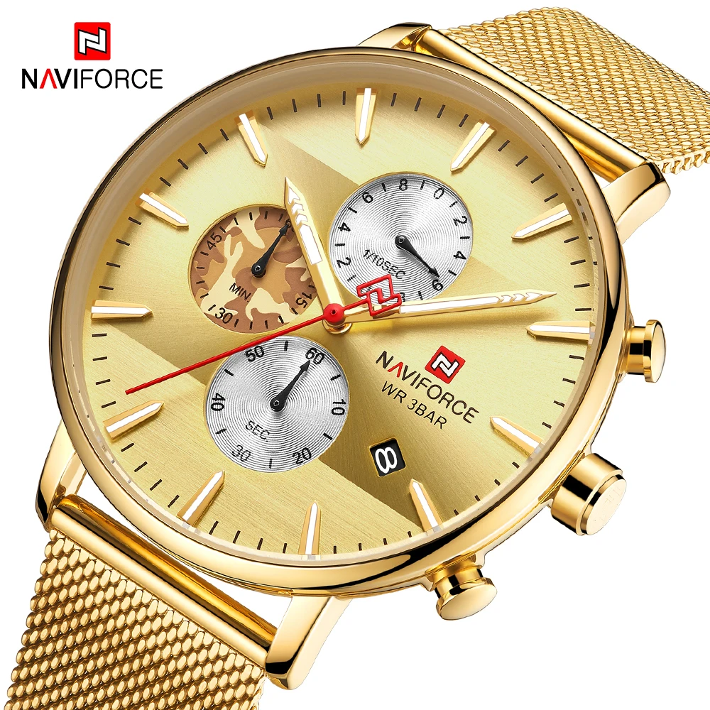 Часы наручные NAVIFORCE мужские золотистые брендовые Роскошные спортивные