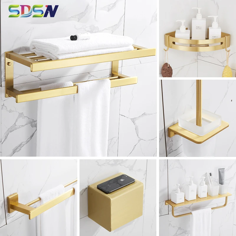 

Bathroom Hardware Set SDSN Quality Space Aluminum Bathroom Towel Rack Square Brushed Gold Bathroom Hardware Set Toile Brusher