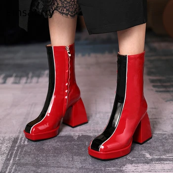 

New Winter Black Red Mixed Color Ankle Boots Women Square Toe Side Zip Chunky Heel Platform Patchwork Short Booties