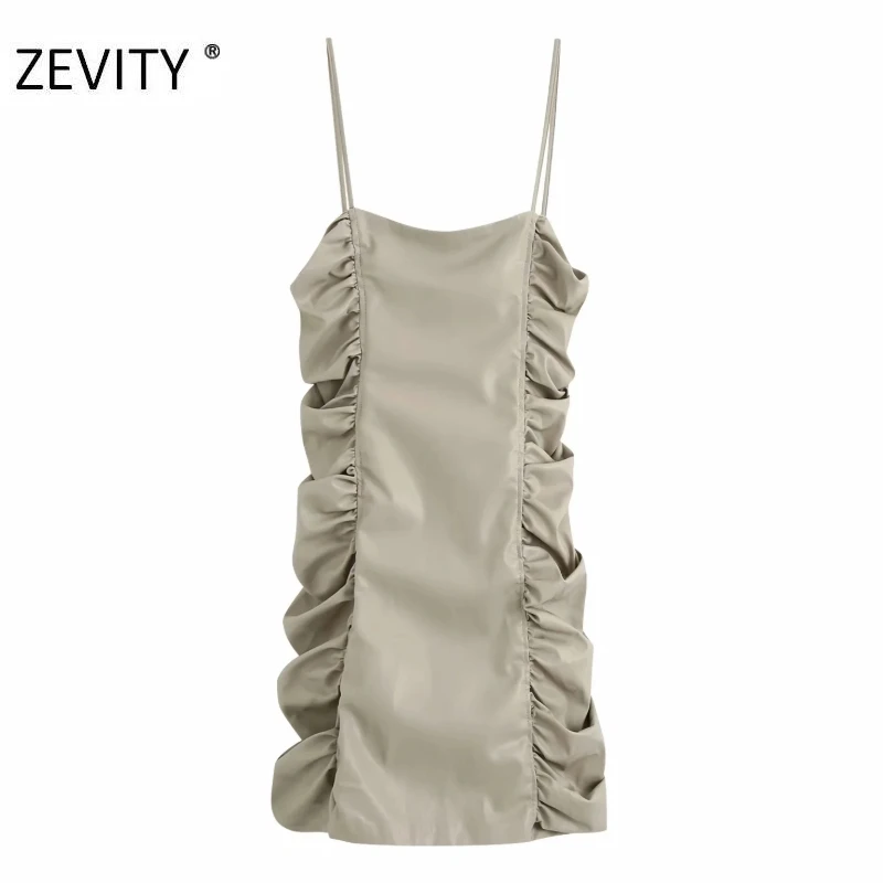 ZEVITY New women sexy spaghetti strap pleated PU leather dress female back zipper slim sling vestido chic brand dresses DS4419