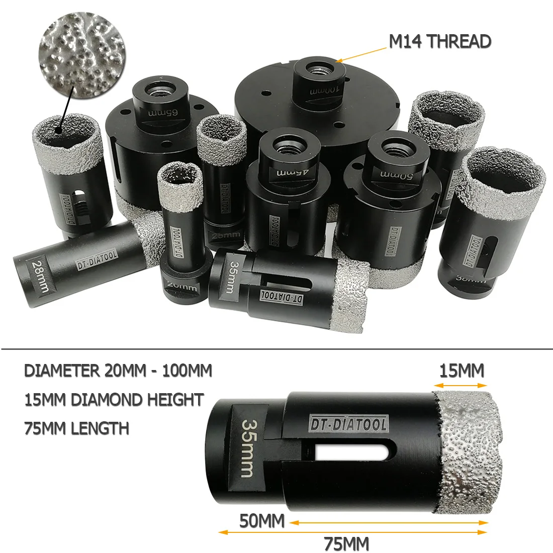 DT-DIATOOL 1pc Professional Dry Drilling Bits with M14 Thread for Porcelain Tile Granite Marble Stone Drill Core Bits Hole Saw