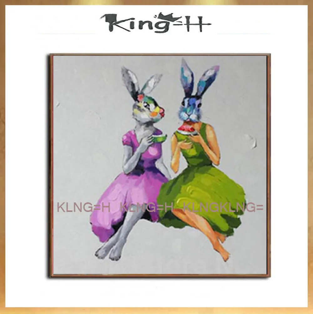 

Бесплатная доставка, современная абстрактная роспись 100% вручную, животное, масляная живопись, кролики во второй половине, абстрактная настенная живопись для домашнего декора