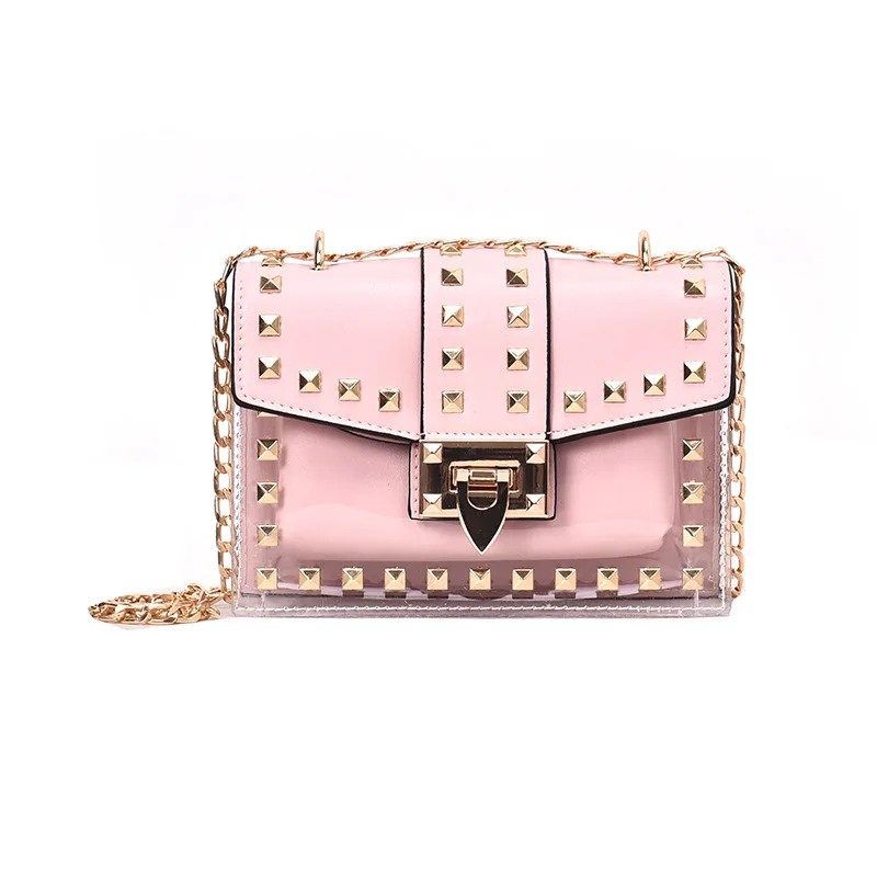 Женская сумка Новая модная женская сумка прозрачные сумки через плечо дикие заклепки цепи сумки через плечо - Цвет: Розовый