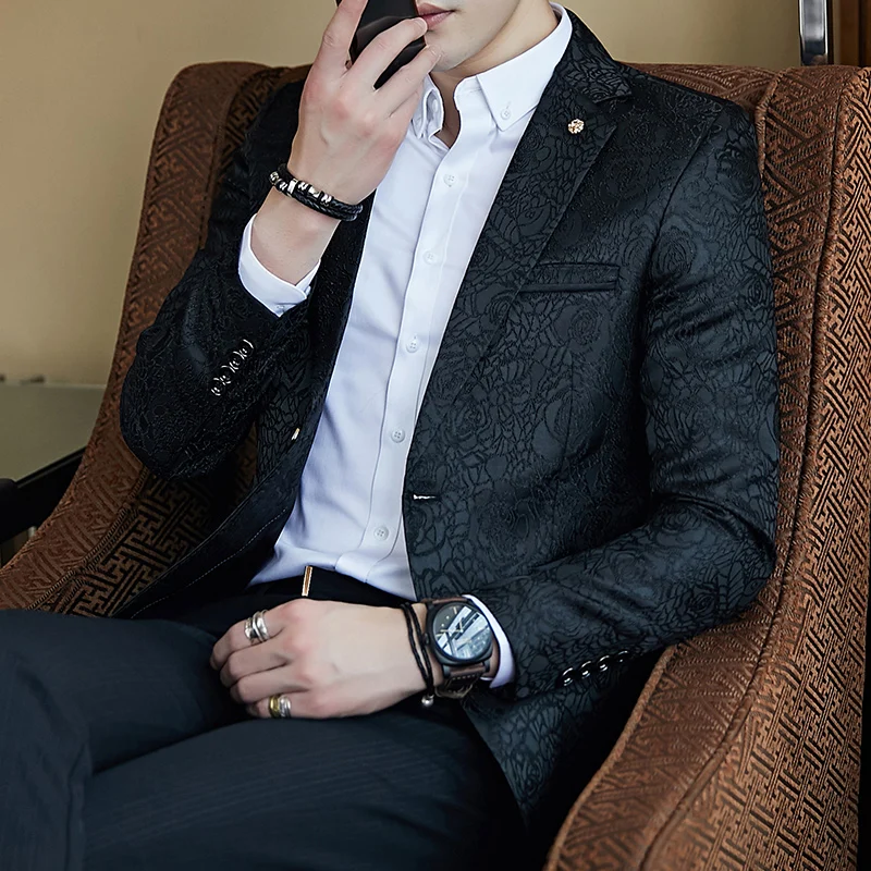 Black Blazer Men Autumn Slim Fit Mens Casual Blue Blazer Coats Sylish Stage Clothing Party Prom Suit Jacket