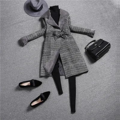 Новое осенне-зимнее женское клетчатое шерстяное пальто модное винтажное приталенное пальто с отложным воротником и поясом Верхняя одежда из искусственной шерсти CA6534 - Цвет: dark grey