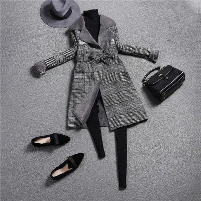 dark grey Новое осенне-зимнее женское клетчатое шерстяное пальто модное винтажное приталенное пальто с отложным воротником и поясом Верхняя одежда из искусственной шерсти CA6534 - Цвет: dark grey