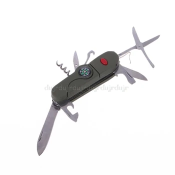 

13 in 1 Multifunction Outdoor Camping Survival EDC Pockets Tool with LED Light Compass Swiss Folding Knife Stainless Steel O25
