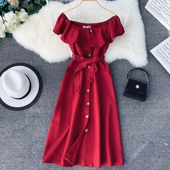 

2020 Summer Fashion New Orange Button Button Neck Strapless Strapless Long Sexy Dress Woman Summer Clothes Vestidos