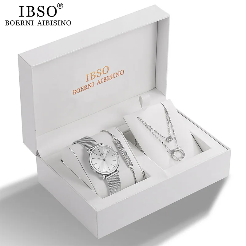 Watch-Set Bracelet Necklace Silver-Set Gift Quartz Crystal-Design Female IBSO Women Fashion