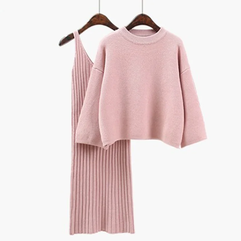 Комплект из 2 предметов, новое модное платье-свитер+ трикотажные пуловеры, Корейская версия, женский свитер с рукавом три четверти и круглым вырезом, топы - Цвет: Pink
